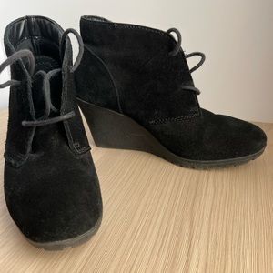 Black wedge lace up suede booties size 10